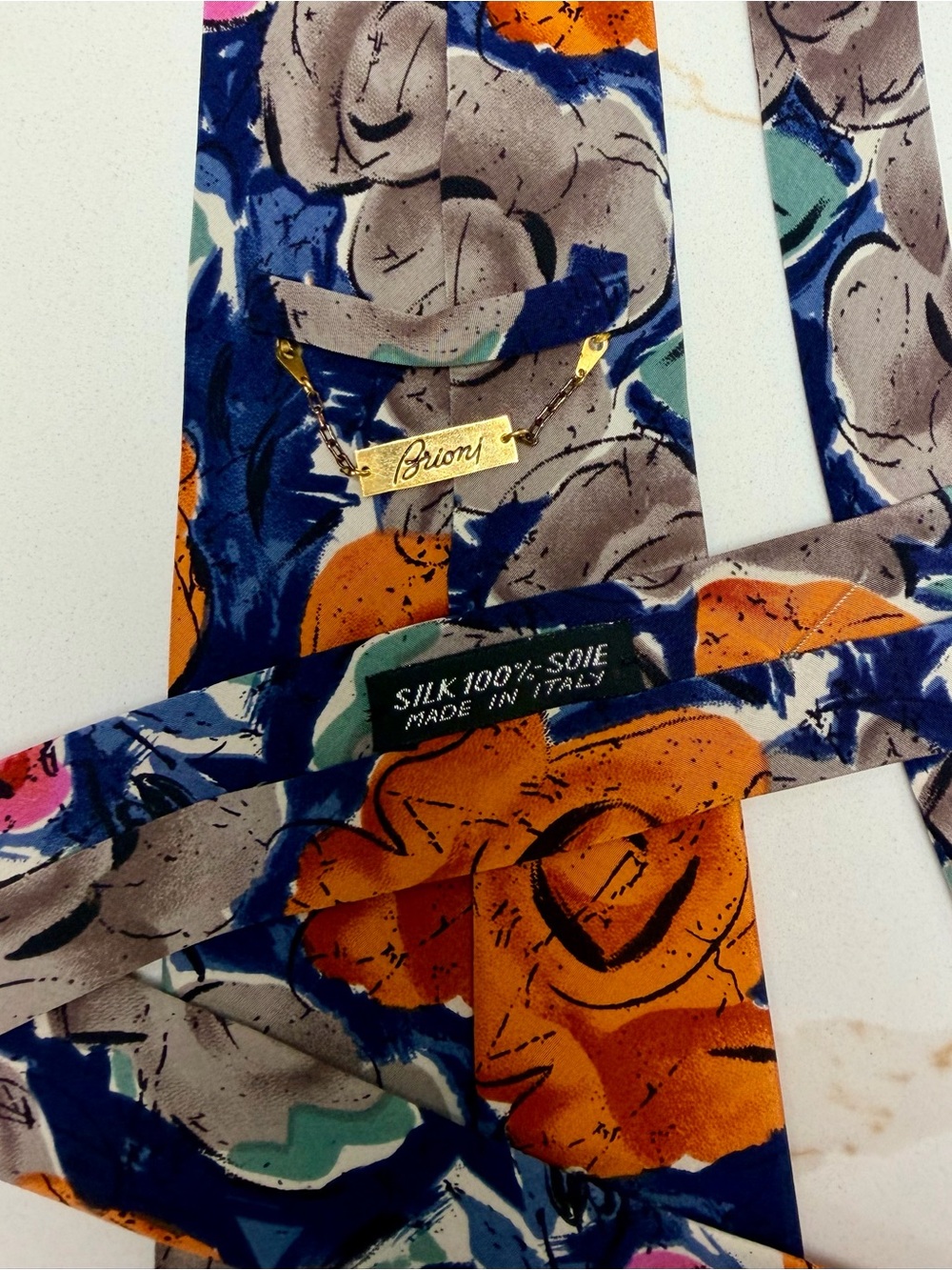 Vintage Brioni 100% Silk Abstract Floral Tie Made in Italy Orange Blue Designer - Picture 4 of 4
